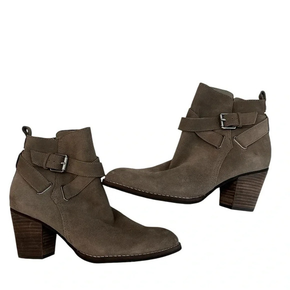 Sam Edelman Women’s ZipUp Pointed Toe Gray/Tan Leather Heeled Booties Sz 8M GUC - Picture 1 of 15